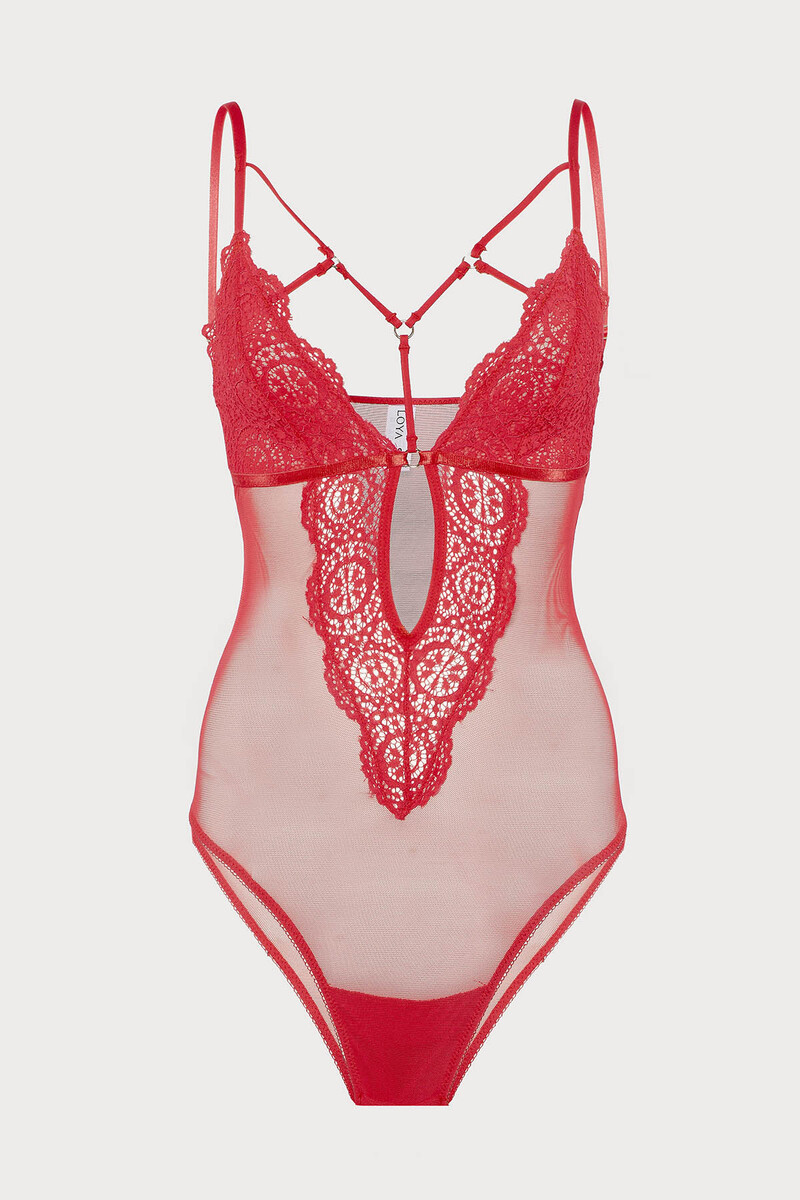 Kırmızı Alanis Dantelli Tül Body - 1