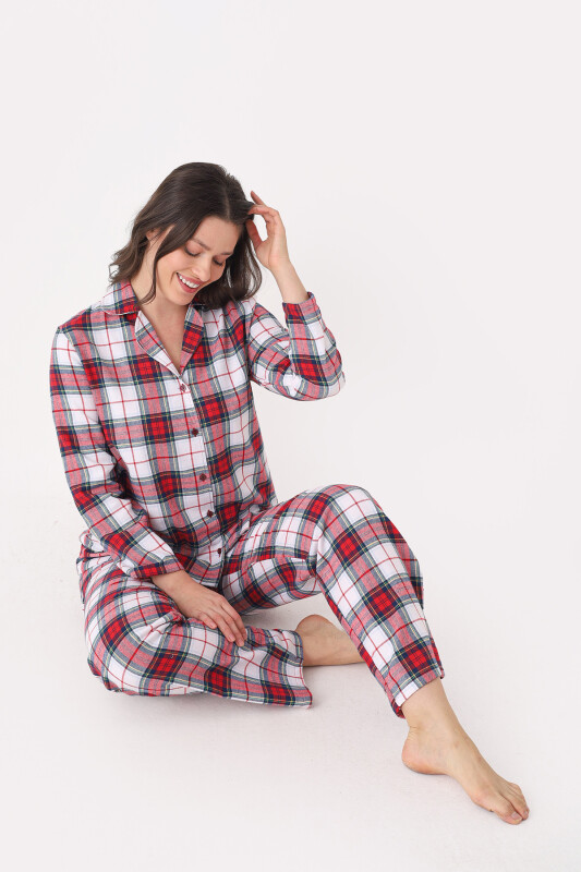 Kırmızı Önden Düğmeli Ekose Pijama Takımı - NBB
