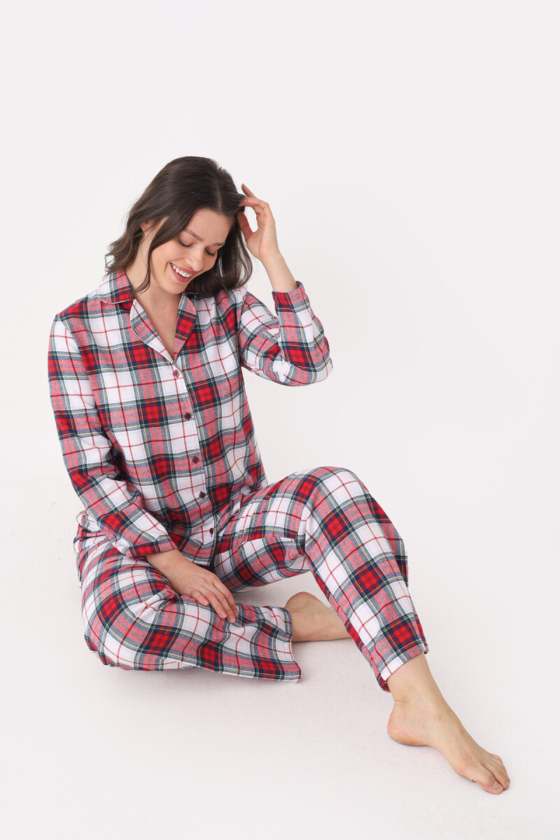 Kırmızı Önden Düğmeli Ekose Pijama Takımı - 1