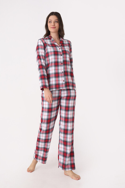 Kırmızı Önden Düğmeli Ekose Pijama Takımı - NBB