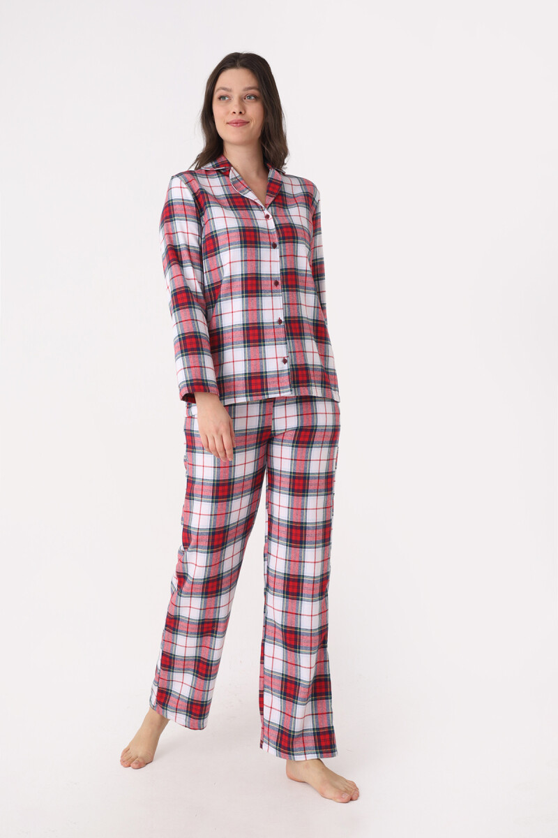Kırmızı Önden Düğmeli Ekose Pijama Takımı - 2