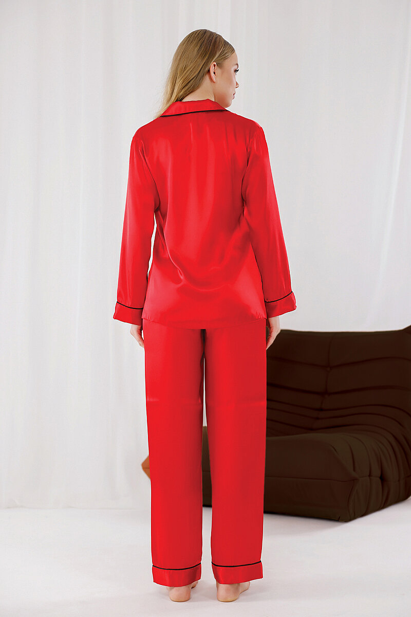 Kırmızı Saten Siyah Biyeli Pijama Takımı - 2