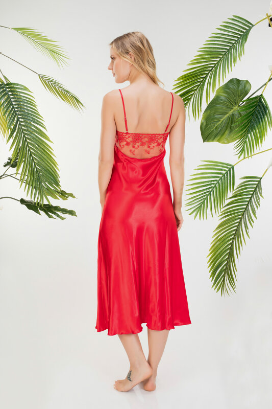 Kırmızı Scarlet Passion Önden Bağcıklı Saten Gecelik - JUMELLES