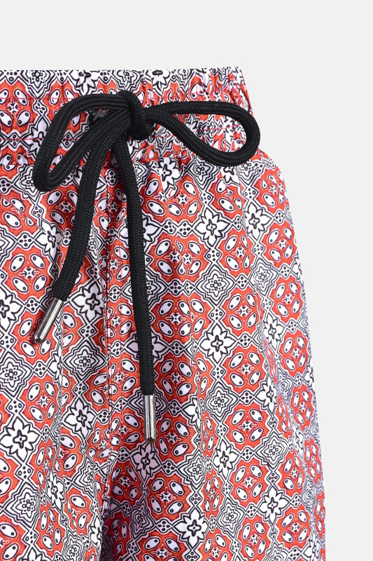 Kırmızı Siyah Etnik Desenli Erkek Deniz Şortu - NBB