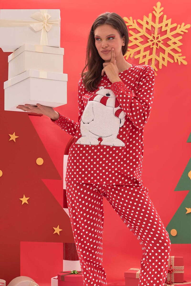 Kırmızı Teddy Polka Dots Pijama Takımı - 3