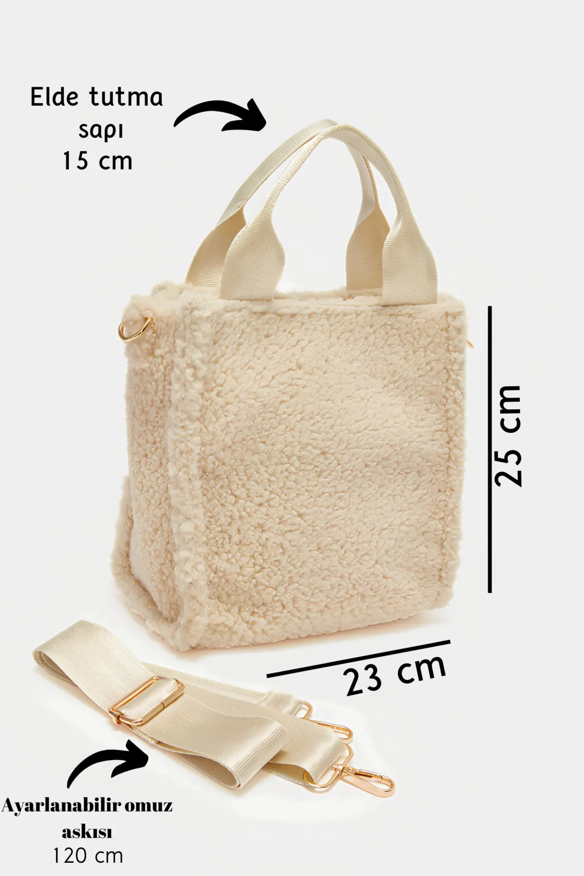 Krem Bucket Peluş El ve Omuz Çantası - 3