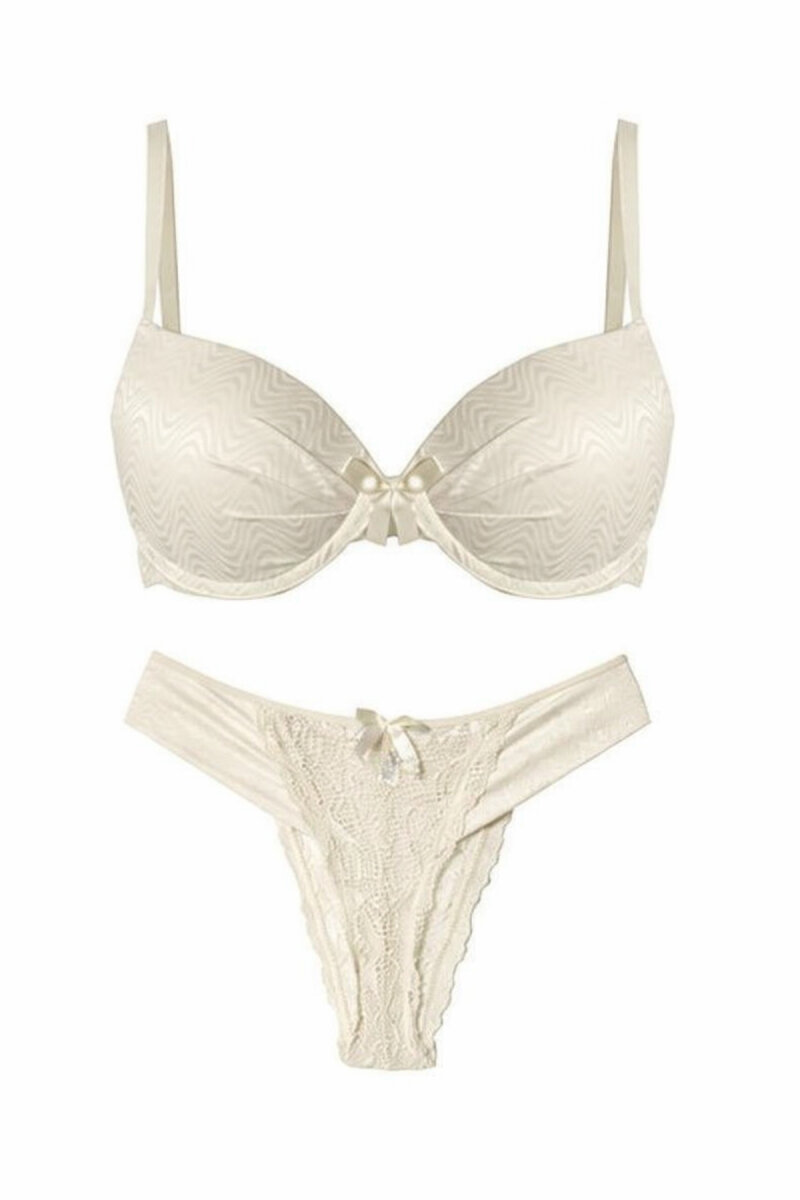 Krem Tül Detaylı Sütyen Külot Takım - 4