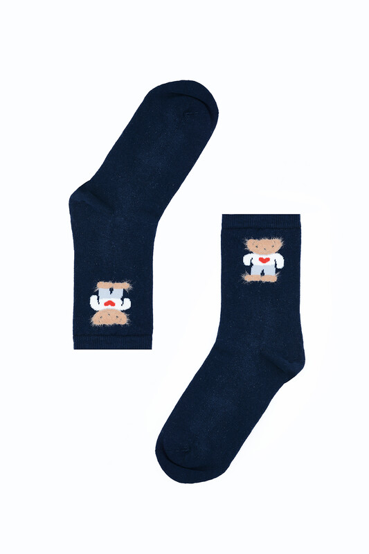 Lacivert Bear Heart Uzun Soket Çorap - Thumbnail