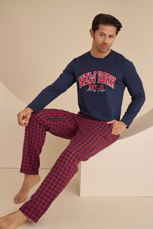 Lacivert Bordo New York Ekose Erkek Pijama Takımı - Thumbnail