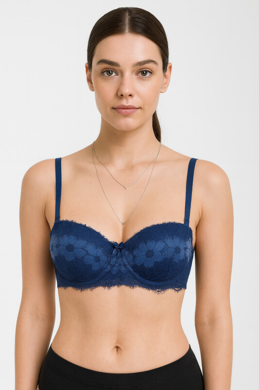 Lacivert Fiori Dolgulu Straplez Sütyen - LOYA