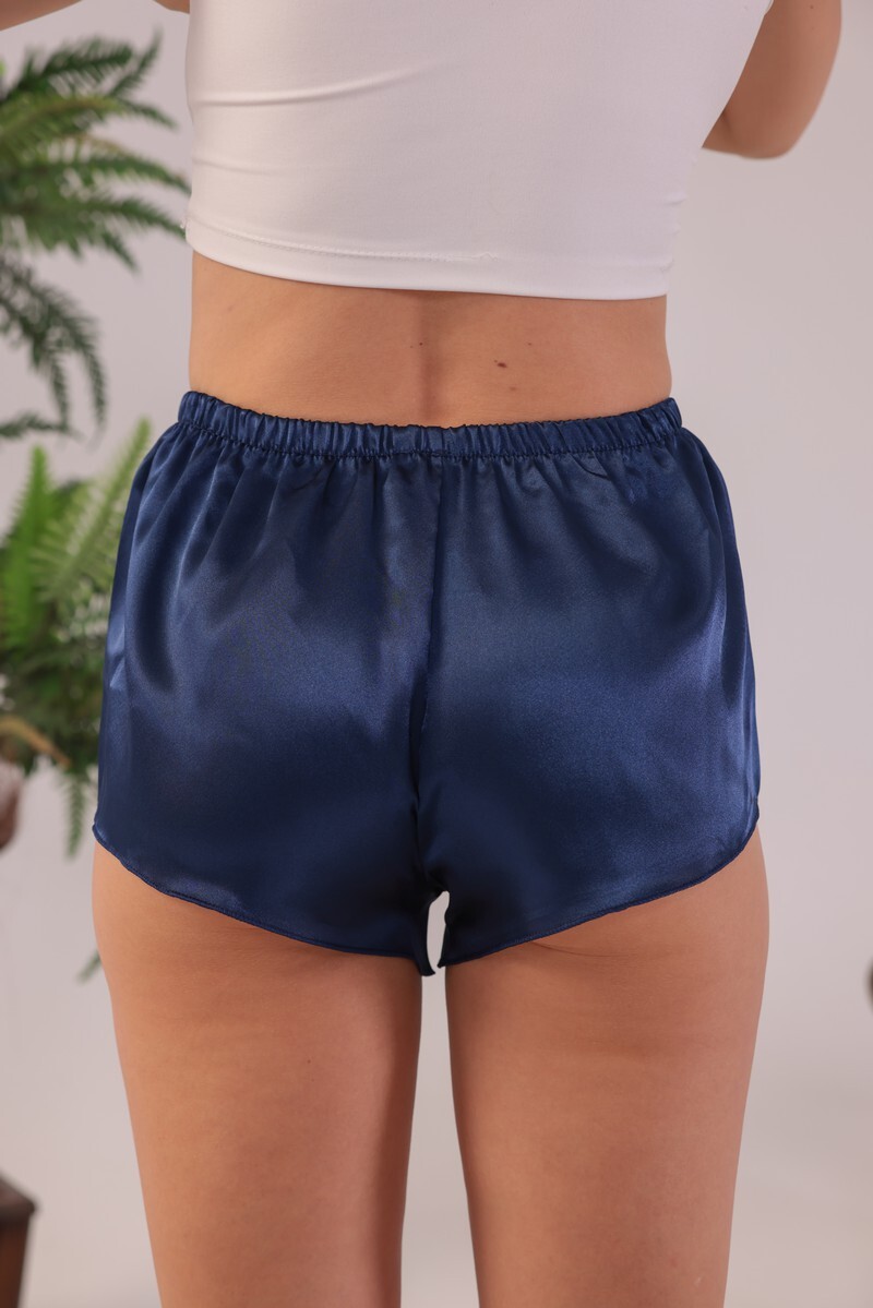 Lacivert Jumelles Saten Desensiz Tek Şort - 3