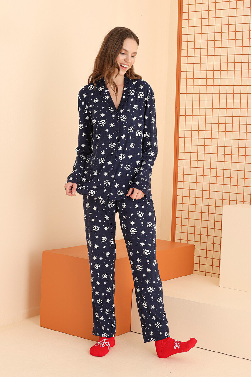 Lacivert Kar Tanesi Önden Düğmeli Pijama Takımı - 1