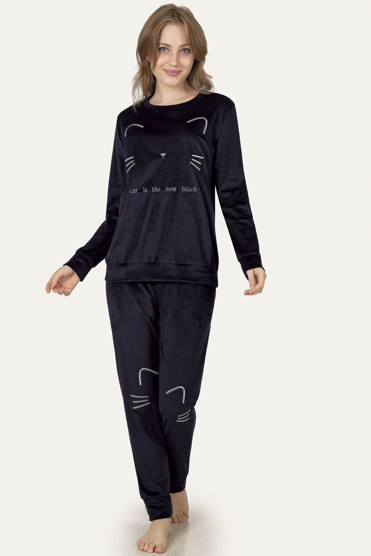 Lacivert Kedili Kadife Pijama Takımı
