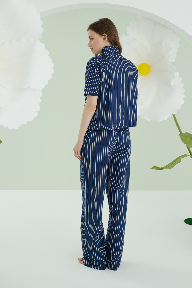 Lacivert Kurdele Önden Düğmeli Pijama Takım - 2
