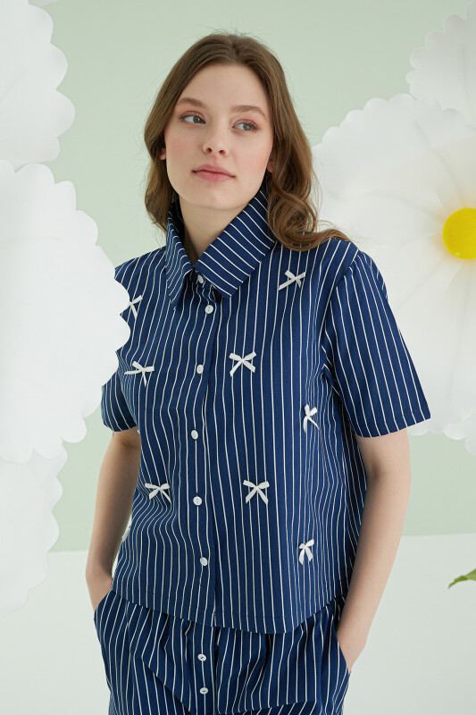 Lacivert Kurdele Önden Düğmeli Pijama Takım - NBB