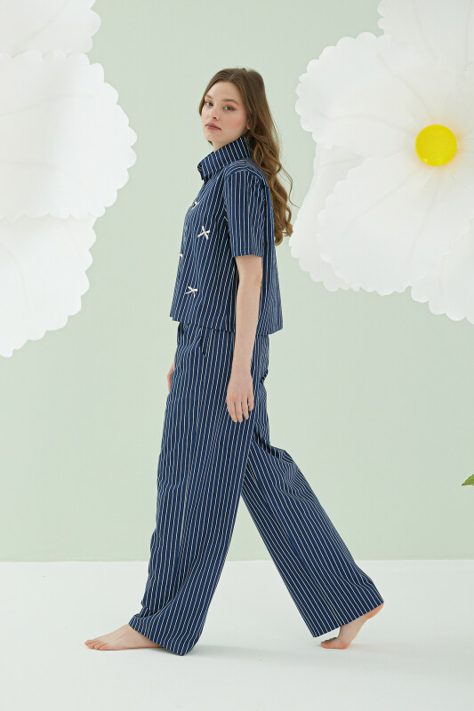 Lacivert Kurdele Önden Düğmeli Pijama Takım - NBB