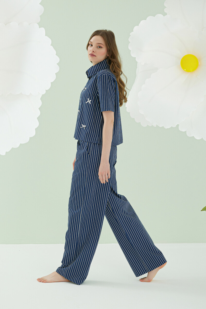 Lacivert Kurdele Önden Düğmeli Pijama Takım - 4