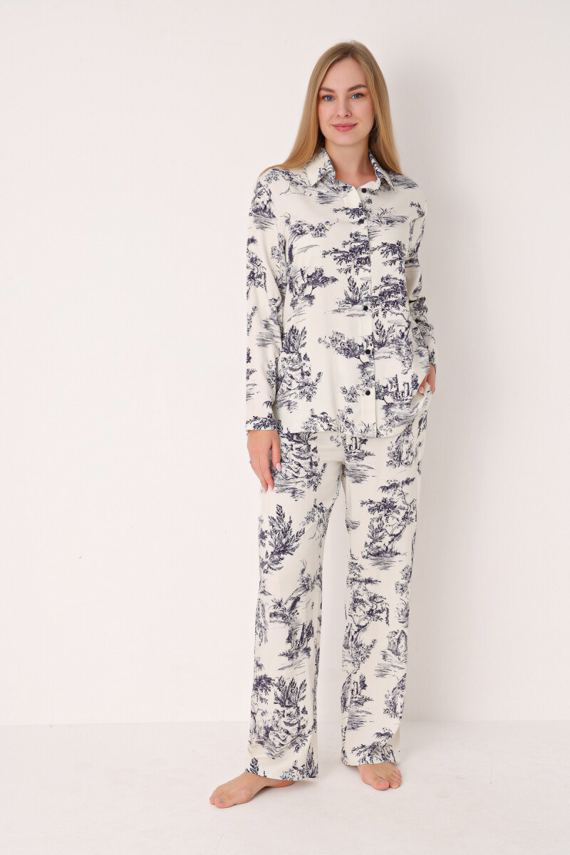 Lacivert Önden Düğmeli Pijama Takım - 1