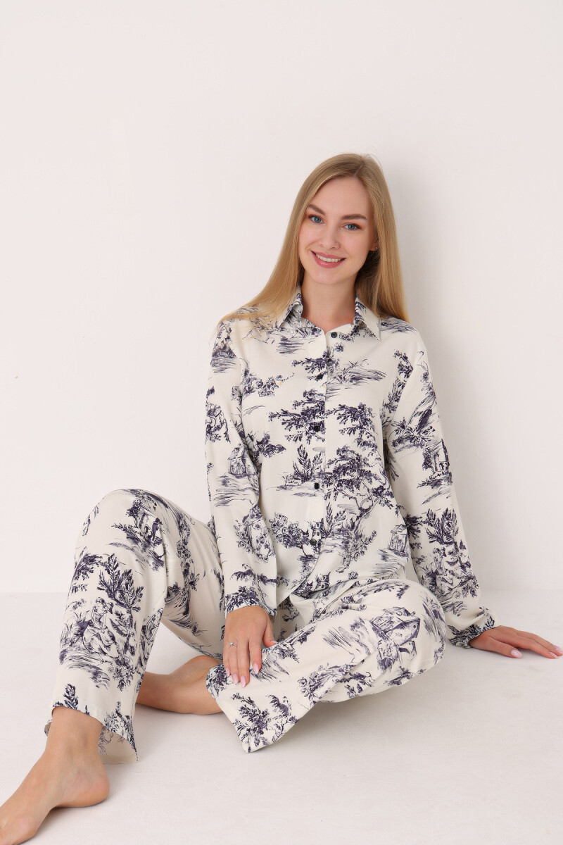 Lacivert Önden Düğmeli Pijama Takım - 3