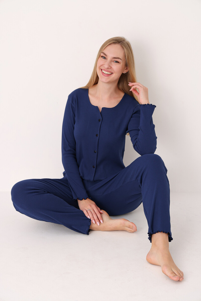 Lacivert Önden Düğmeli Pijama Takımı - 1