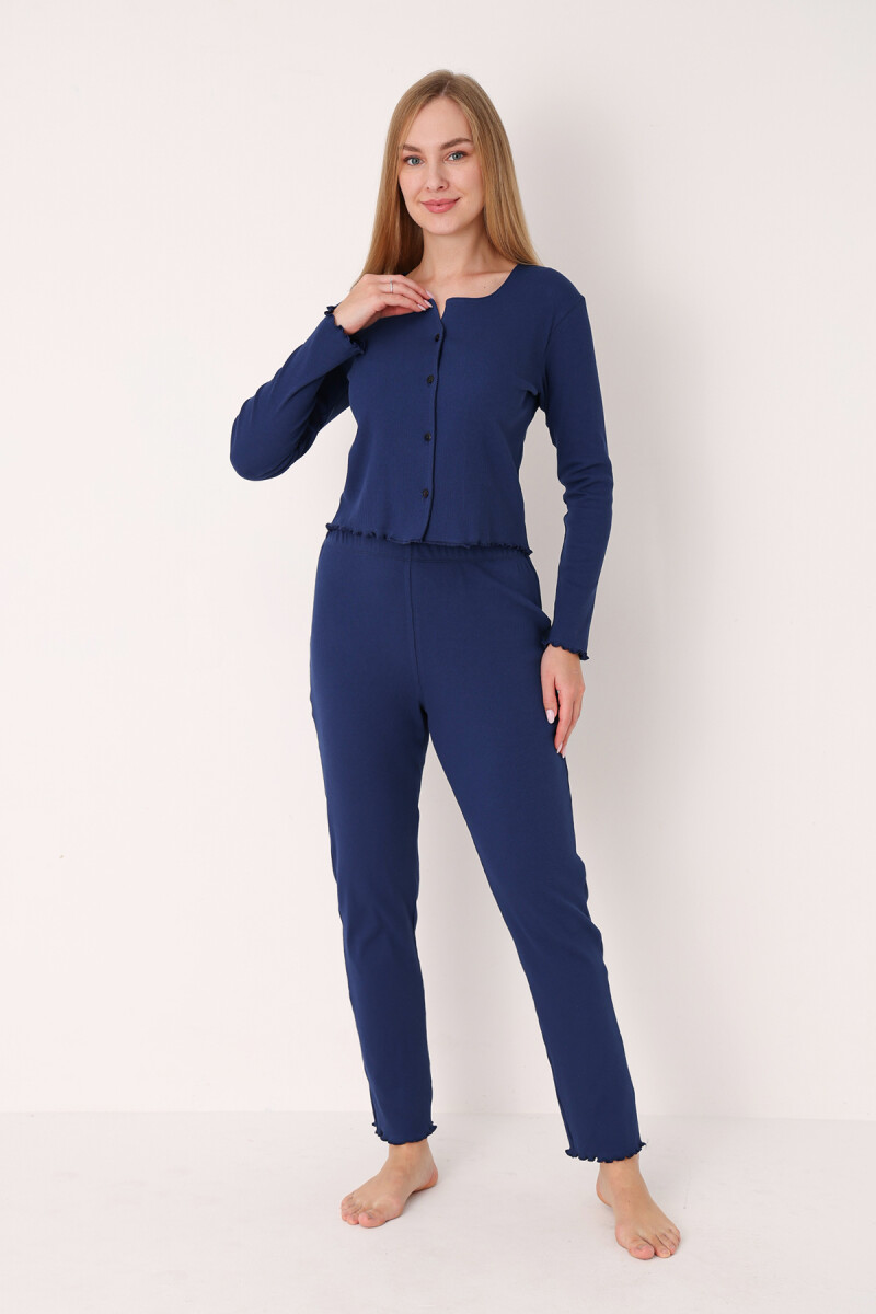 Lacivert Önden Düğmeli Pijama Takımı - 2