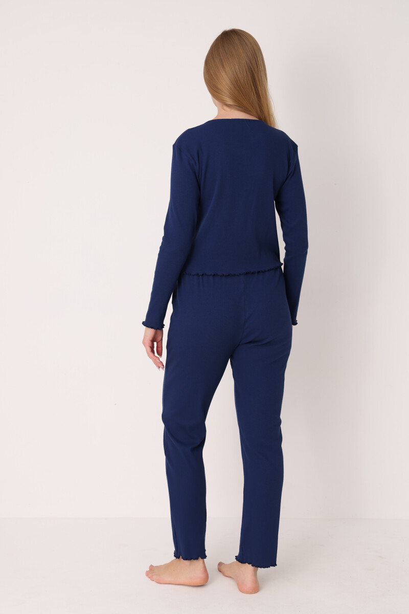 Lacivert Önden Düğmeli Pijama Takımı - 3