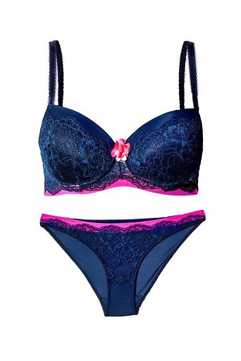 Lacivert Pembe Desteksiz Sütyen Külot Takımı - 4
