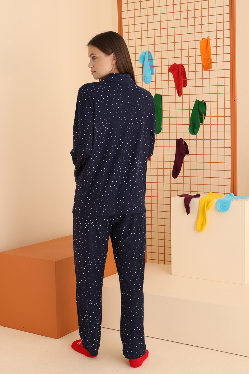 Lacivert Puantiyeli Önden Düğmeli Pijama Takımı - 4