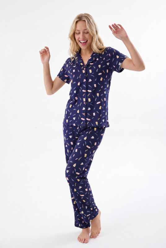 Lacivert Sweet Dreams Önden Düğmeli Pijama Takımı - NBB