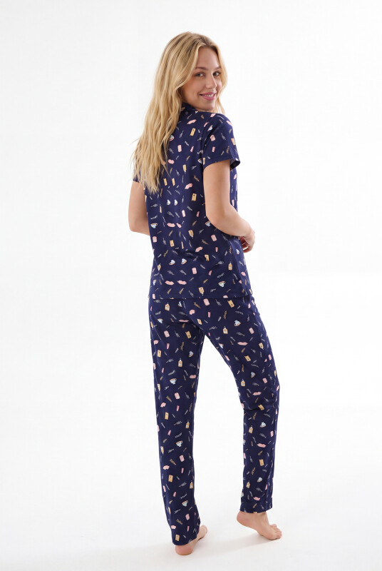 Lacivert Sweet Dreams Önden Düğmeli Pijama Takımı - NBB