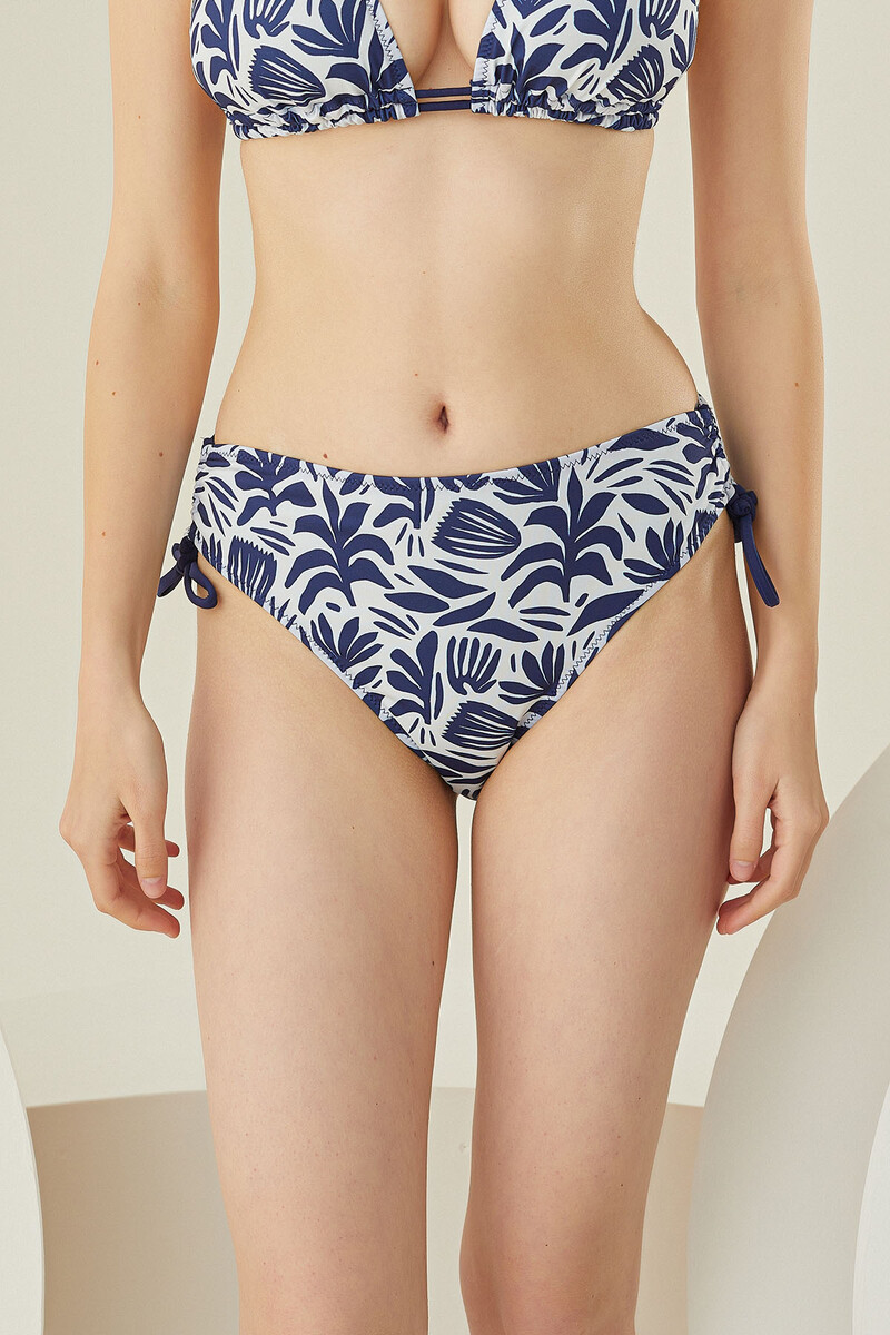 Lacivert Yaprak Desen Yandan İpli Tek Alt Bikini - 1
