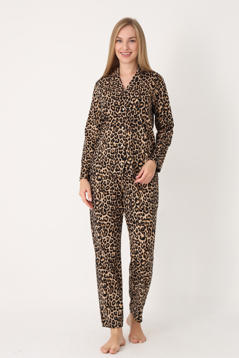 Leopar Desen Wild Önden Düğmeli Pijama Takım - 1