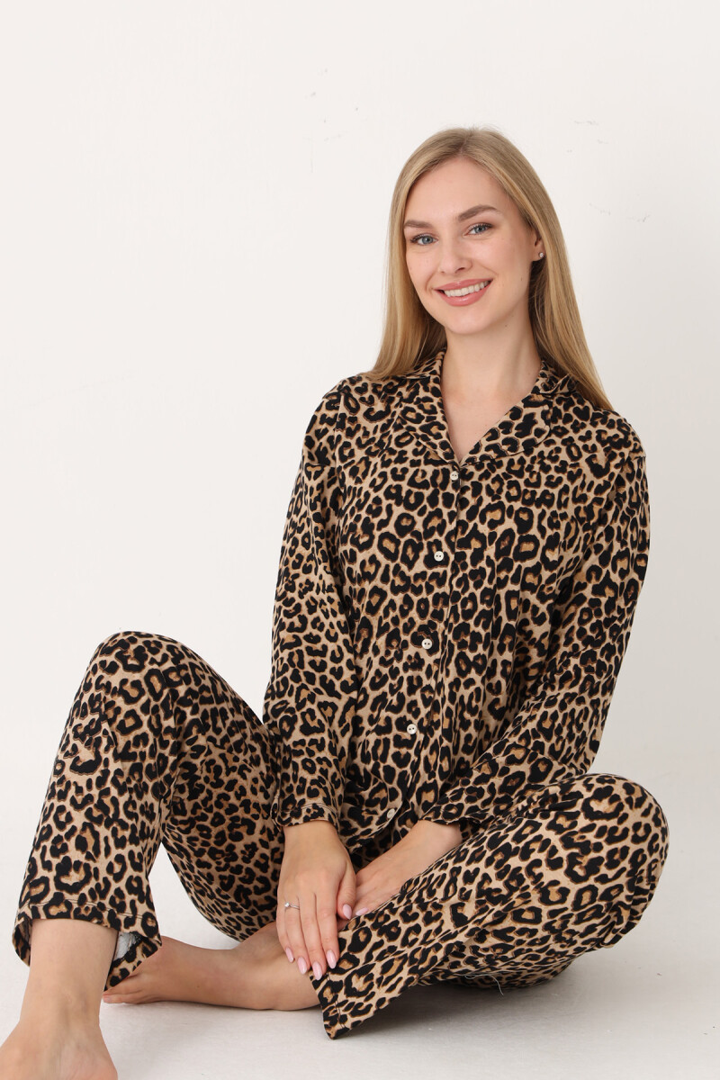 Leopar Desen Wild Önden Düğmeli Pijama Takım - 3