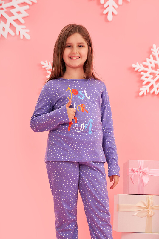 Lila Çizgili Just For Fun Çocuk Pijama Takımı - Thumbnail