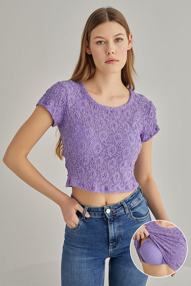 Lila Dantel İşlemeli Sütyenli Crop - 1