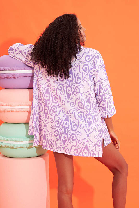 Lila Desenli Keten Elbise Pareo - NBB