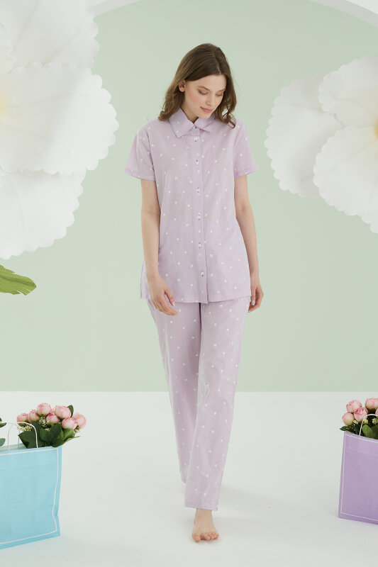 Lila Kalpli Önden Düğmeli Pijama Takım - NBB