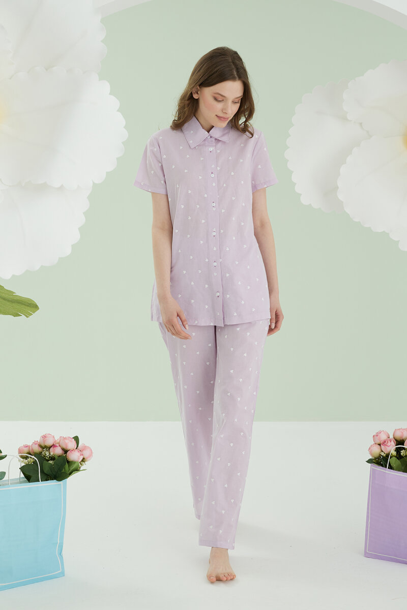 Lila Kalpli Önden Düğmeli Pijama Takım - 3
