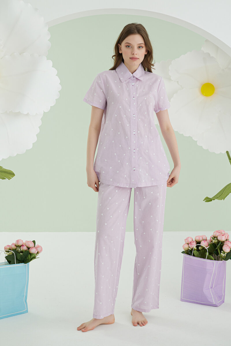 Lila Kalpli Önden Düğmeli Pijama Takım - 1