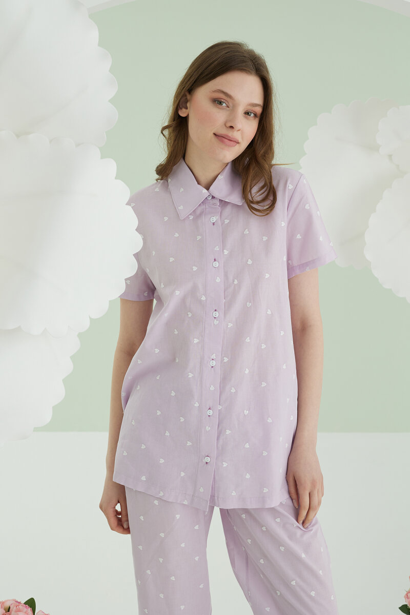 Lila Kalpli Önden Düğmeli Pijama Takım - 2