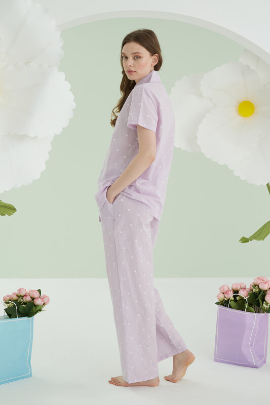 Lila Kalpli Önden Düğmeli Pijama Takım - NBB