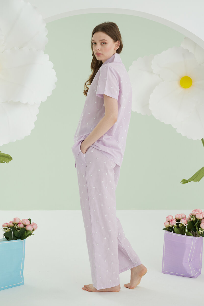 Lila Kalpli Önden Düğmeli Pijama Takım - 4