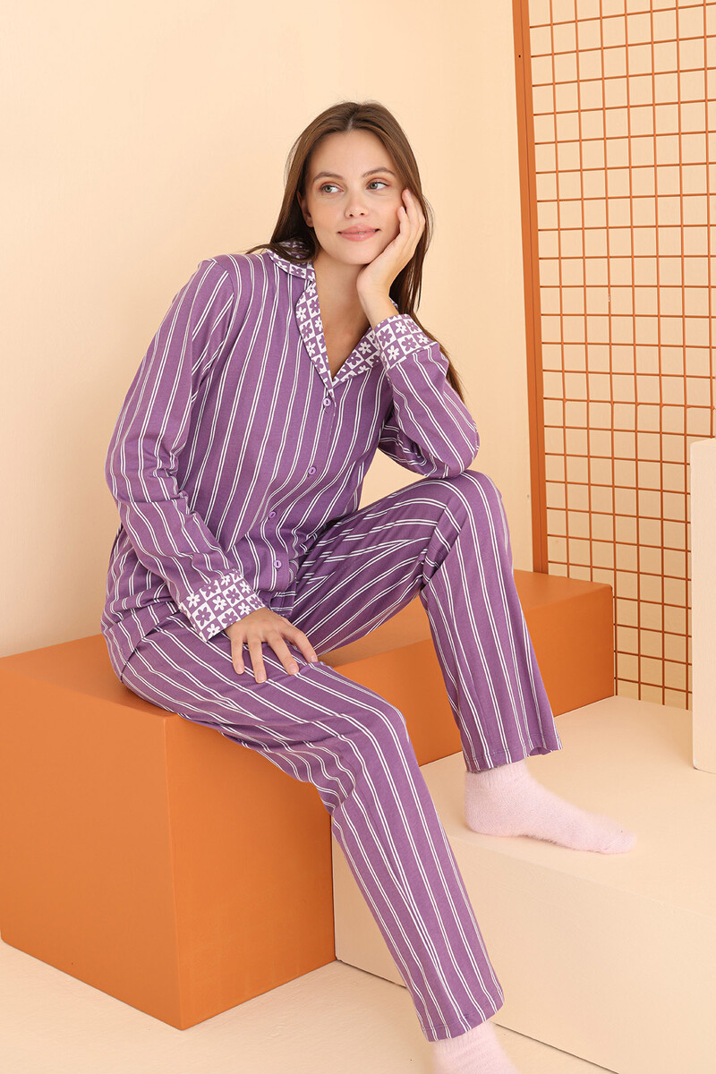 Lila Önden Düğmeli Pijama Takım - 1