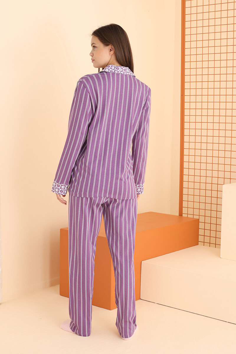 Lila Önden Düğmeli Pijama Takım - 3