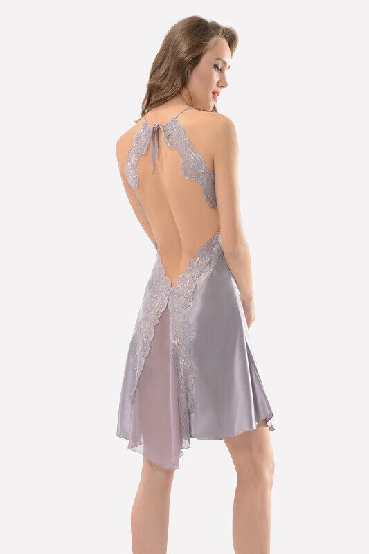 Lila Sırt Dekolteli Saten Gecelik - NBB