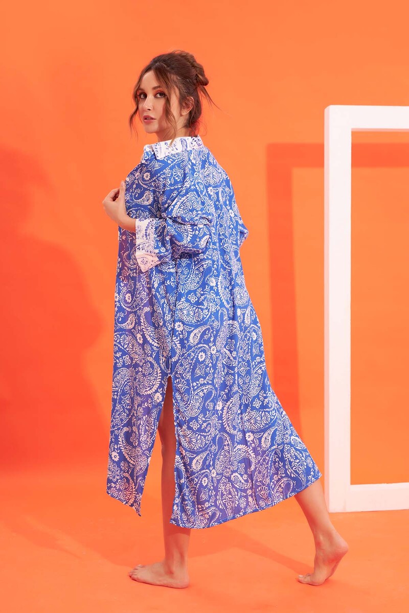 Mavi Beyaz Etnik Desen Kaftan Pareo - 3