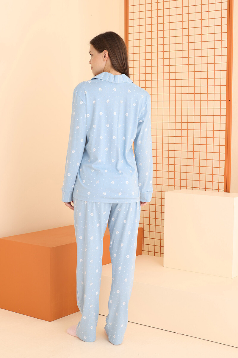 Mavi Çiçek Desenli Önden Düğmeli Pijama Takım - 3