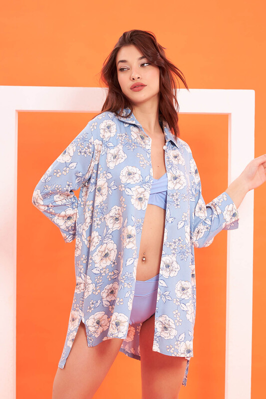 Mavi Çiçekli Gömlek Pareo - NBB