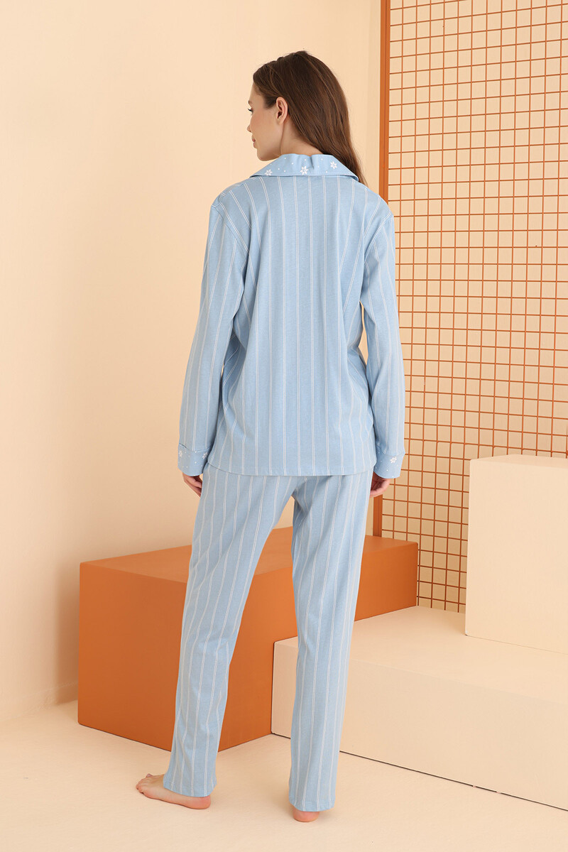 Mavi Çizgili Önden Düğmeli Pijama Takım - 4