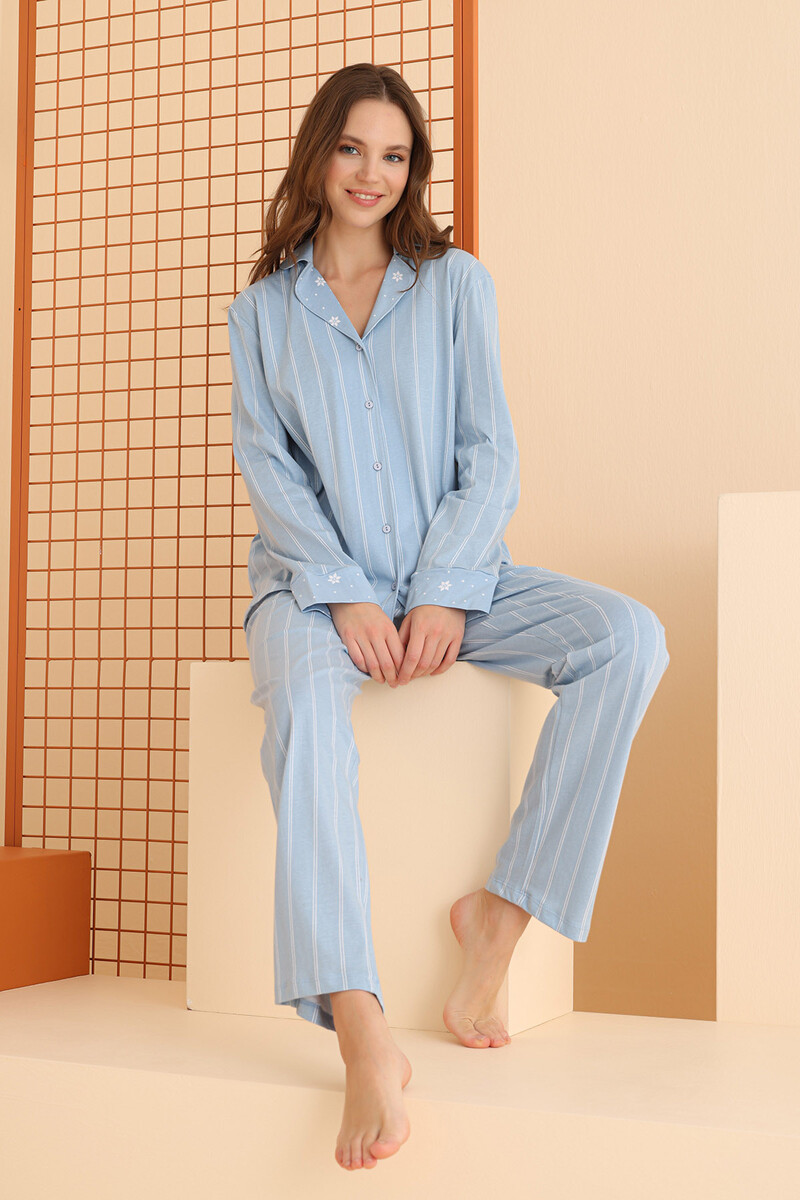 Mavi Çizgili Önden Düğmeli Pijama Takım - 2